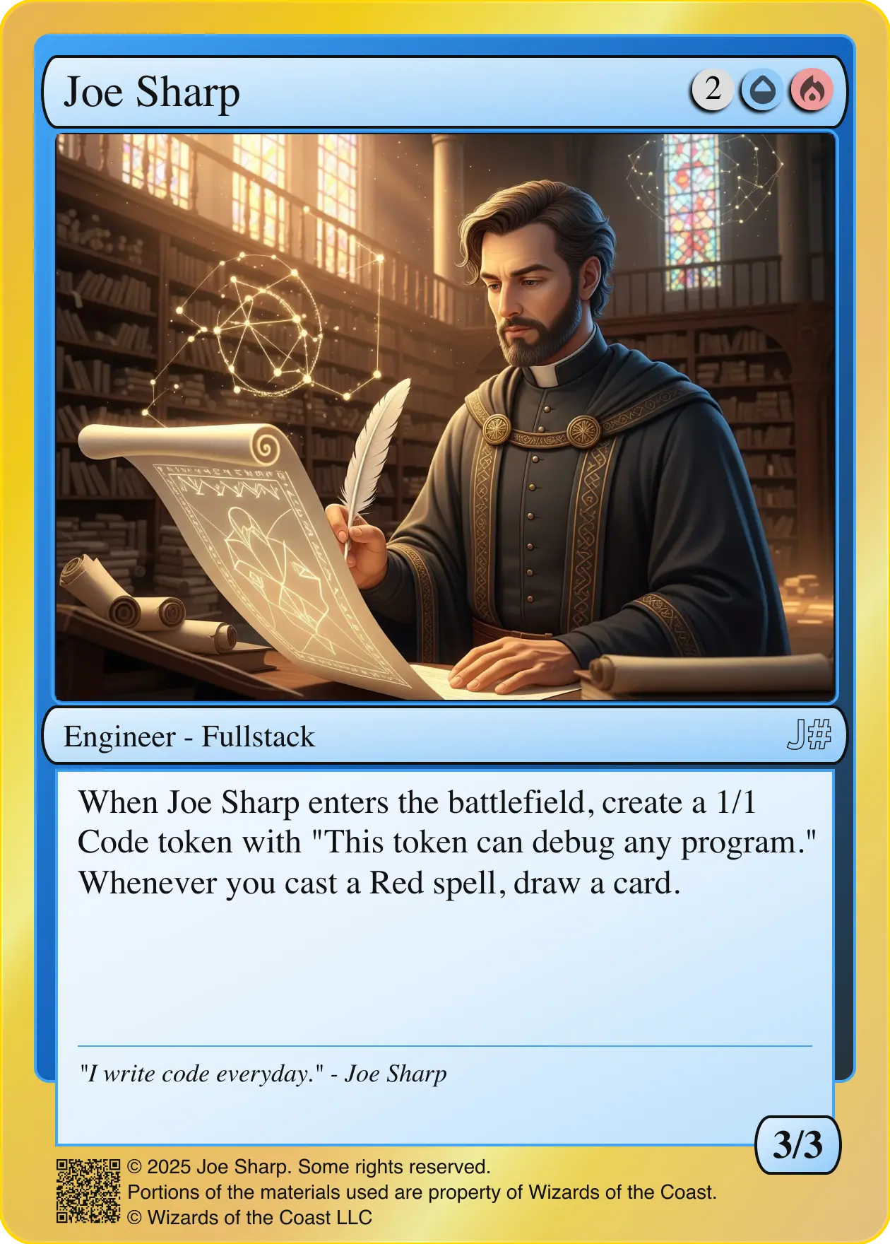 A card featuring artwork of a bearded man writing on a magical scroll with a feather pen